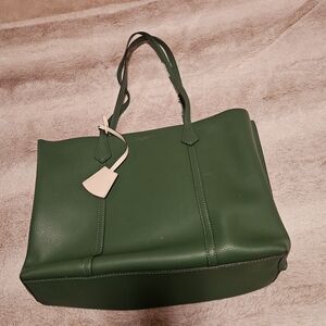 Tory Burch Green Leather Tote with Light Accent Tag